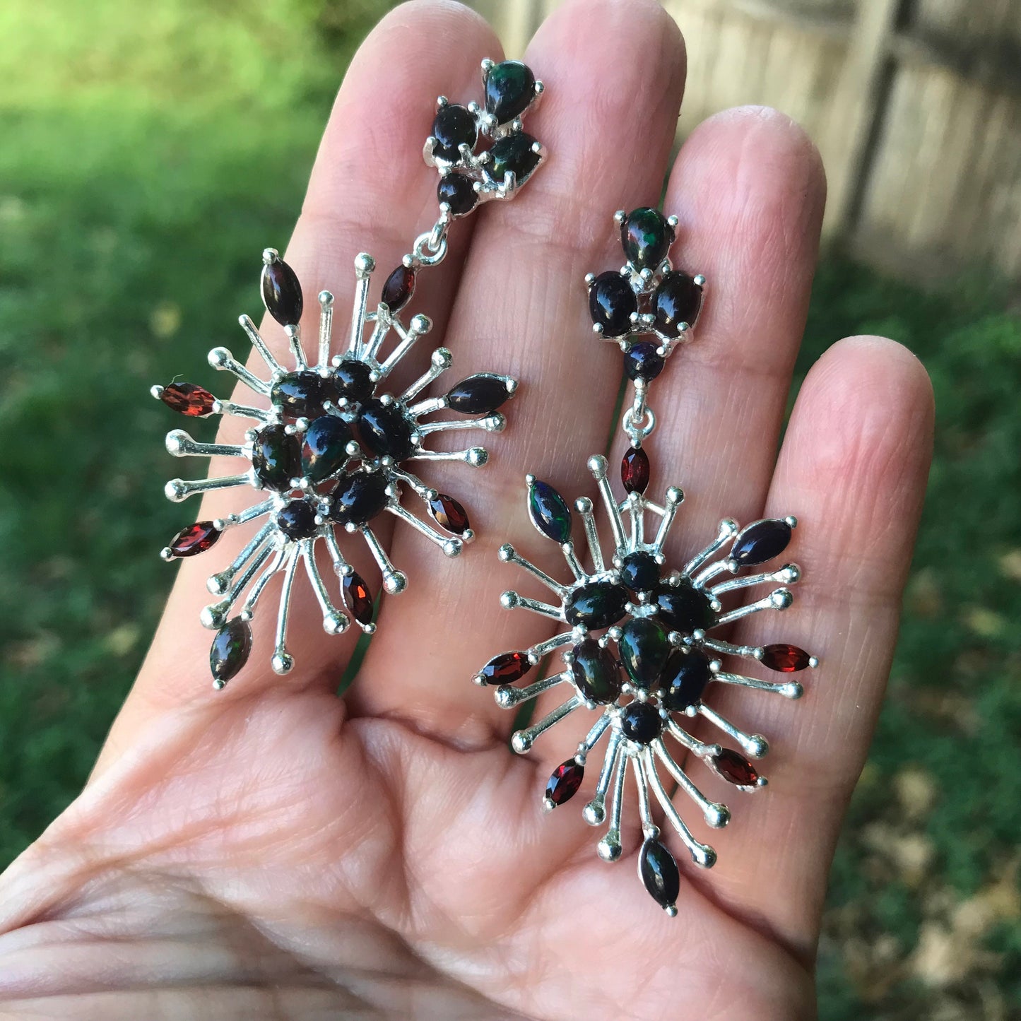 sterling silver Black natural opal garnet starburst earrings