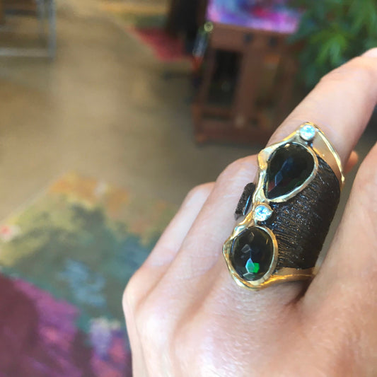 sterling silver natural black fire opal band cuff open ring 8 9