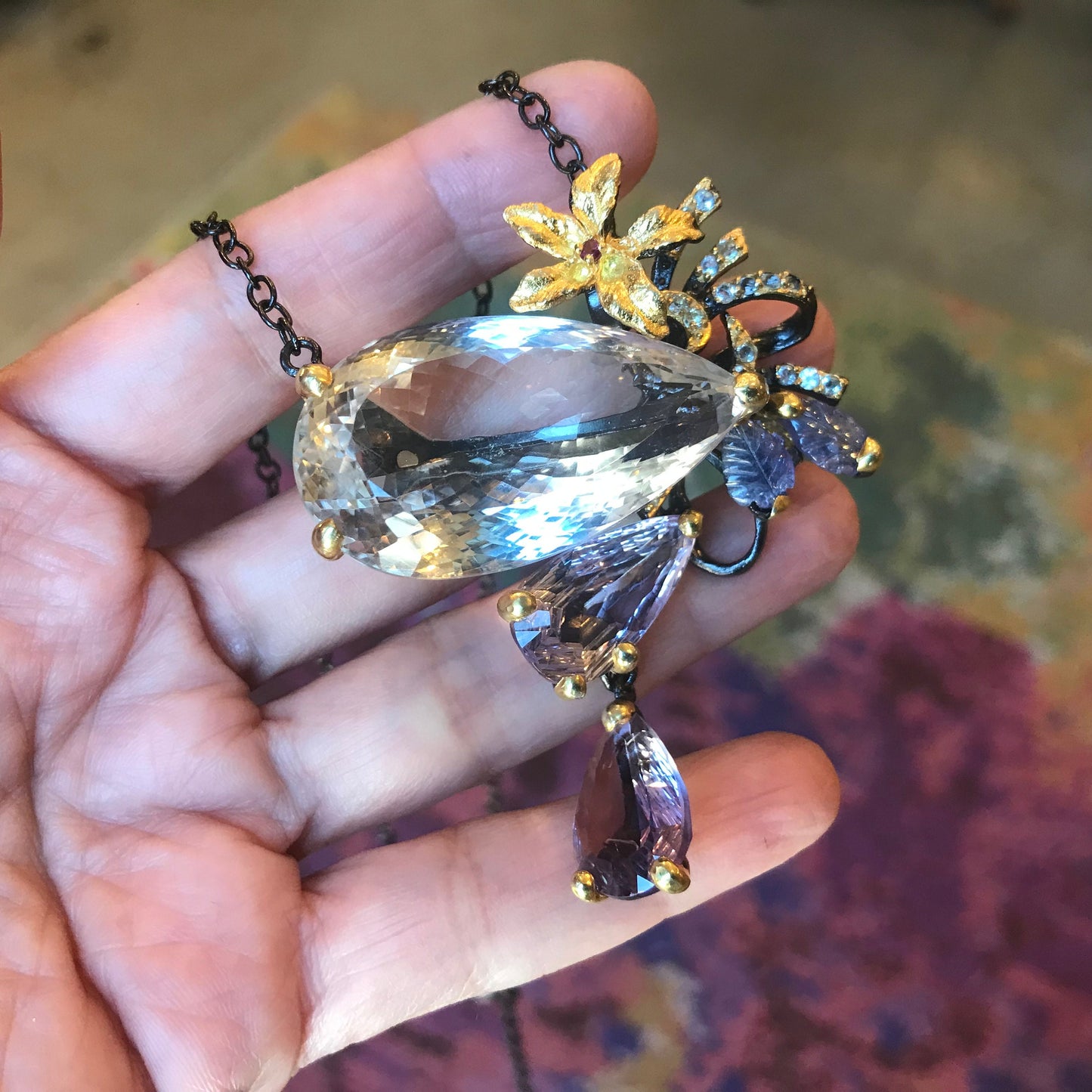 Sterling silver natural quartz amethyst statement pendant necklace