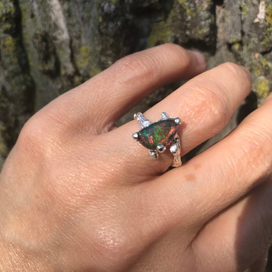 Sterling Silver Natural fire black opal dainty Ring 6