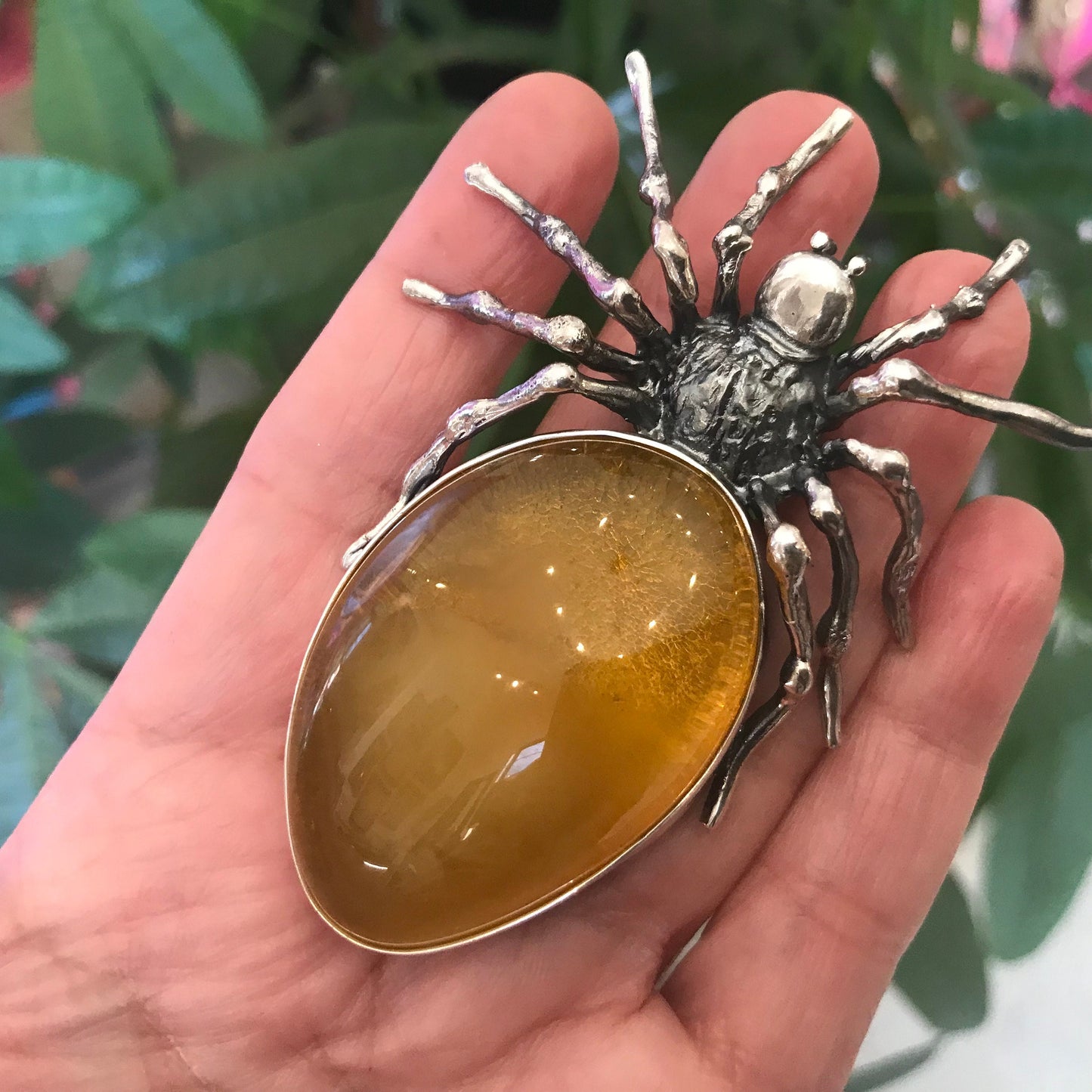 Statement amber spider pendant sterling silver