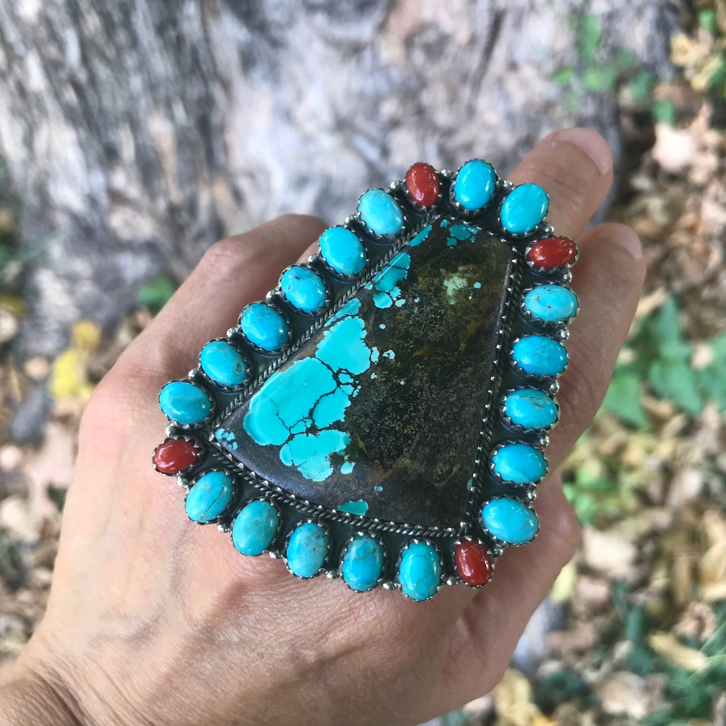 Sterling silver Statement coral huge turquoise ring