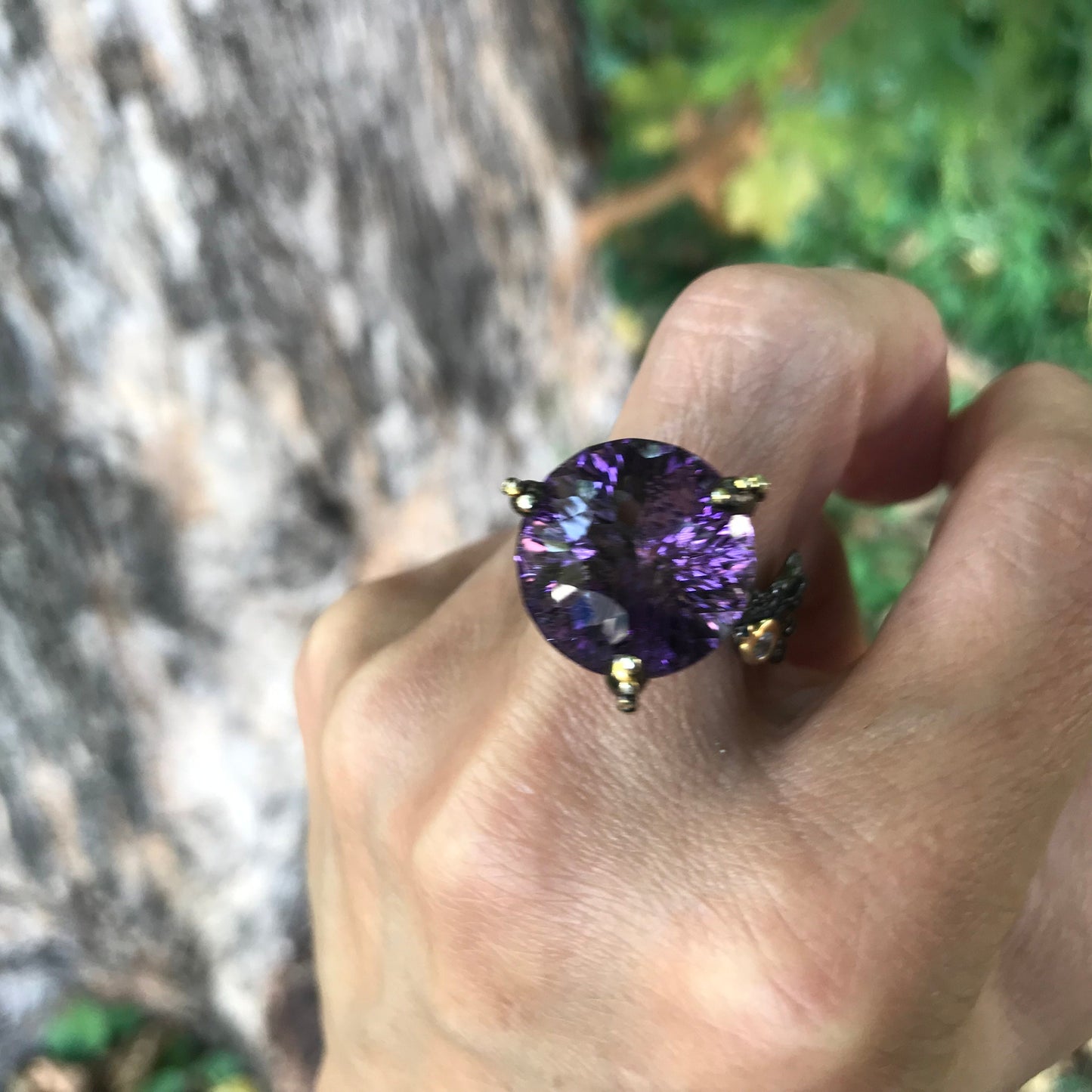 Sterling Silver Statement dark Amethyst fancy Ring 8.5