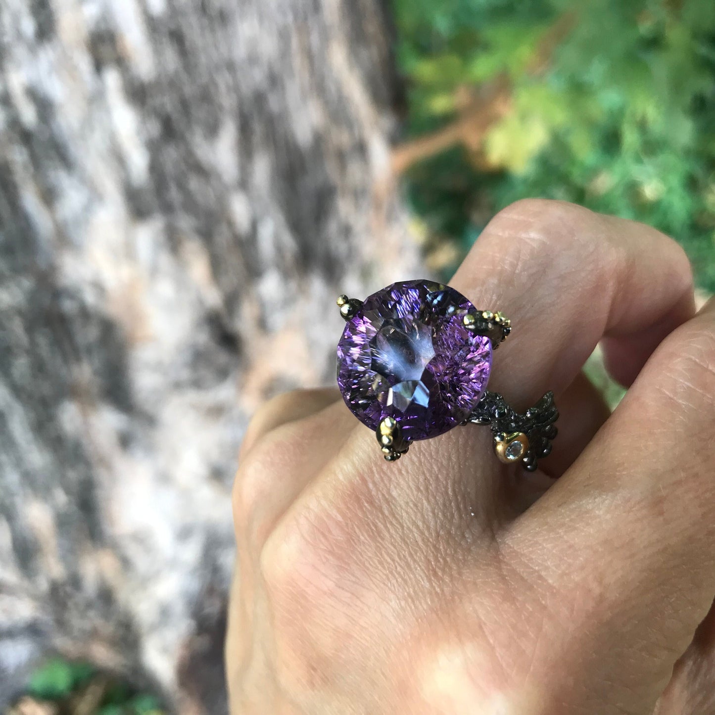 Sterling Silver Statement dark Amethyst fancy Ring 8.5