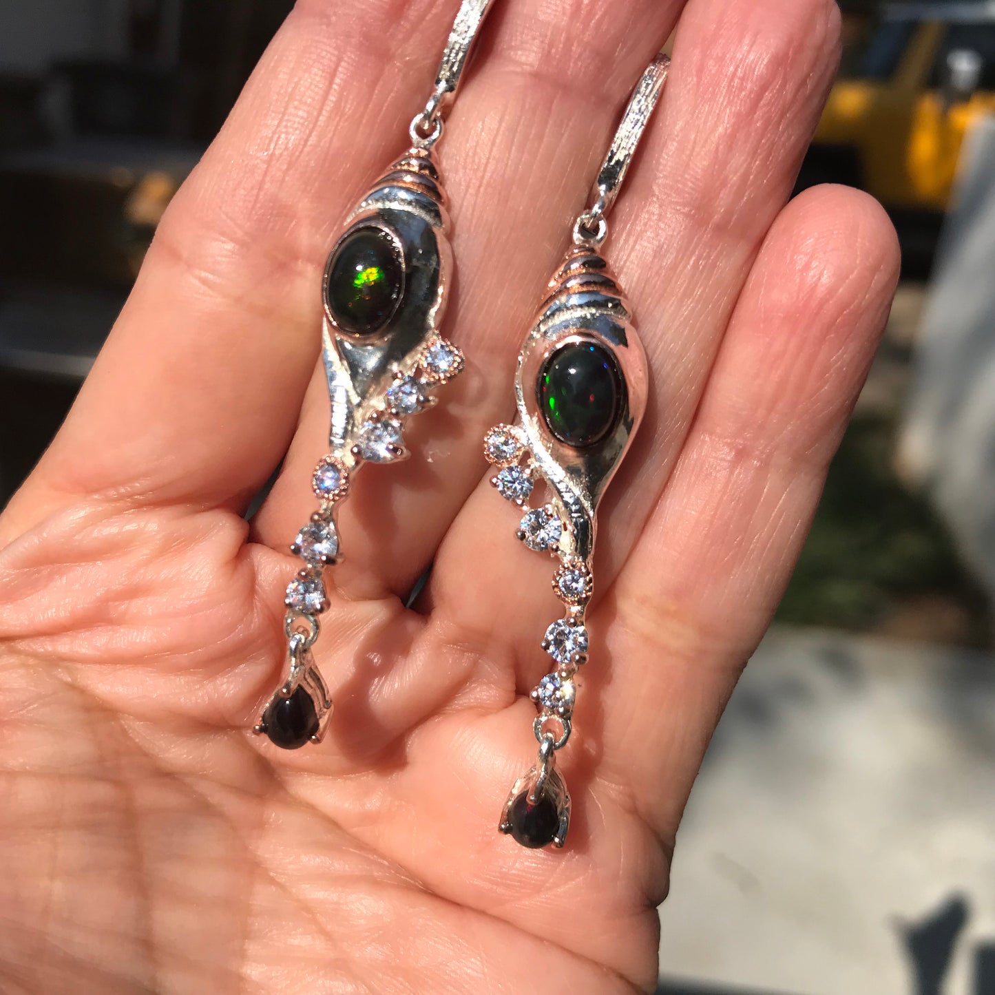 sterling silver black opal modernist earrings