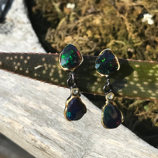 Sterling Silver natural blue fire opal dangle  earrings