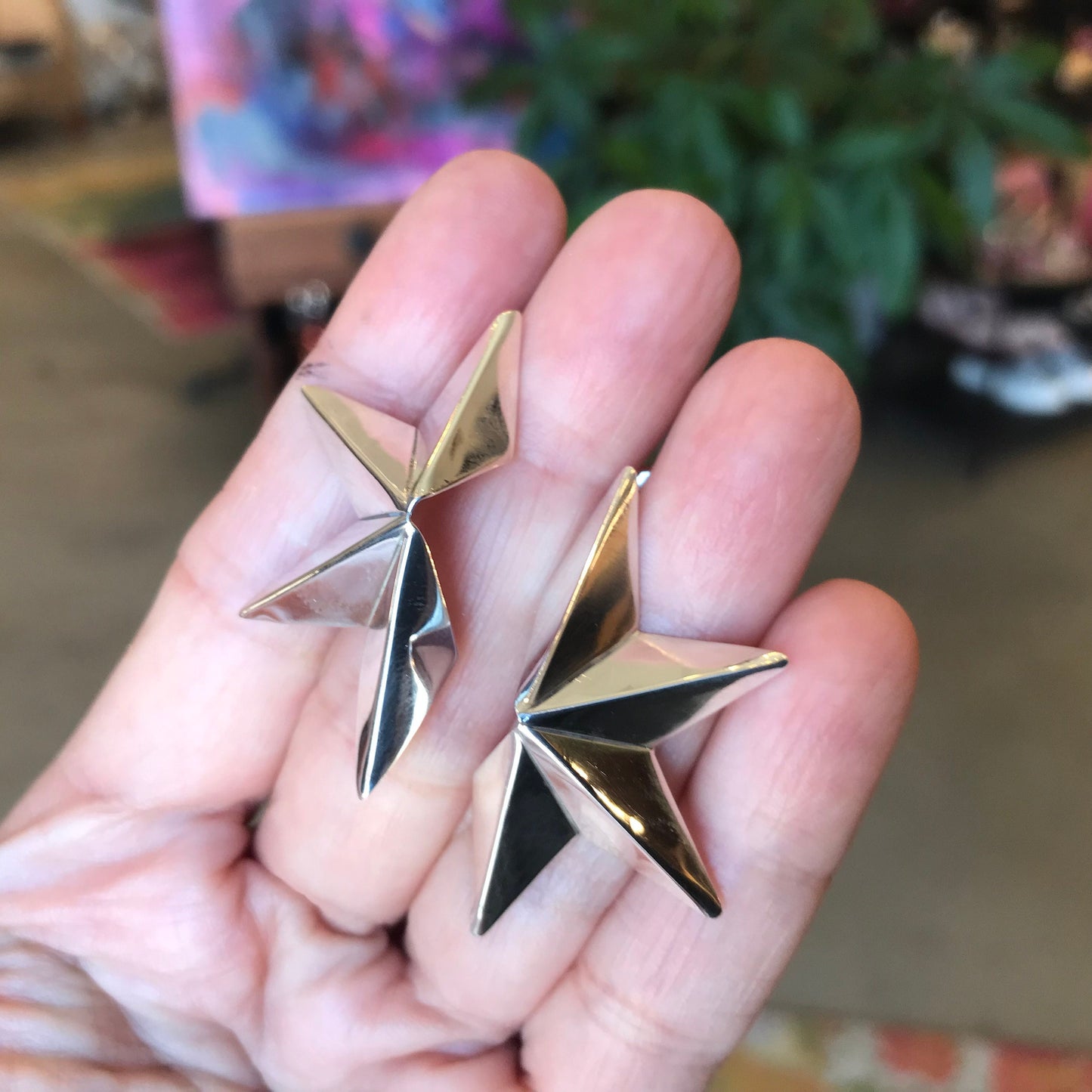 sterling silver large origami Star post Earrings