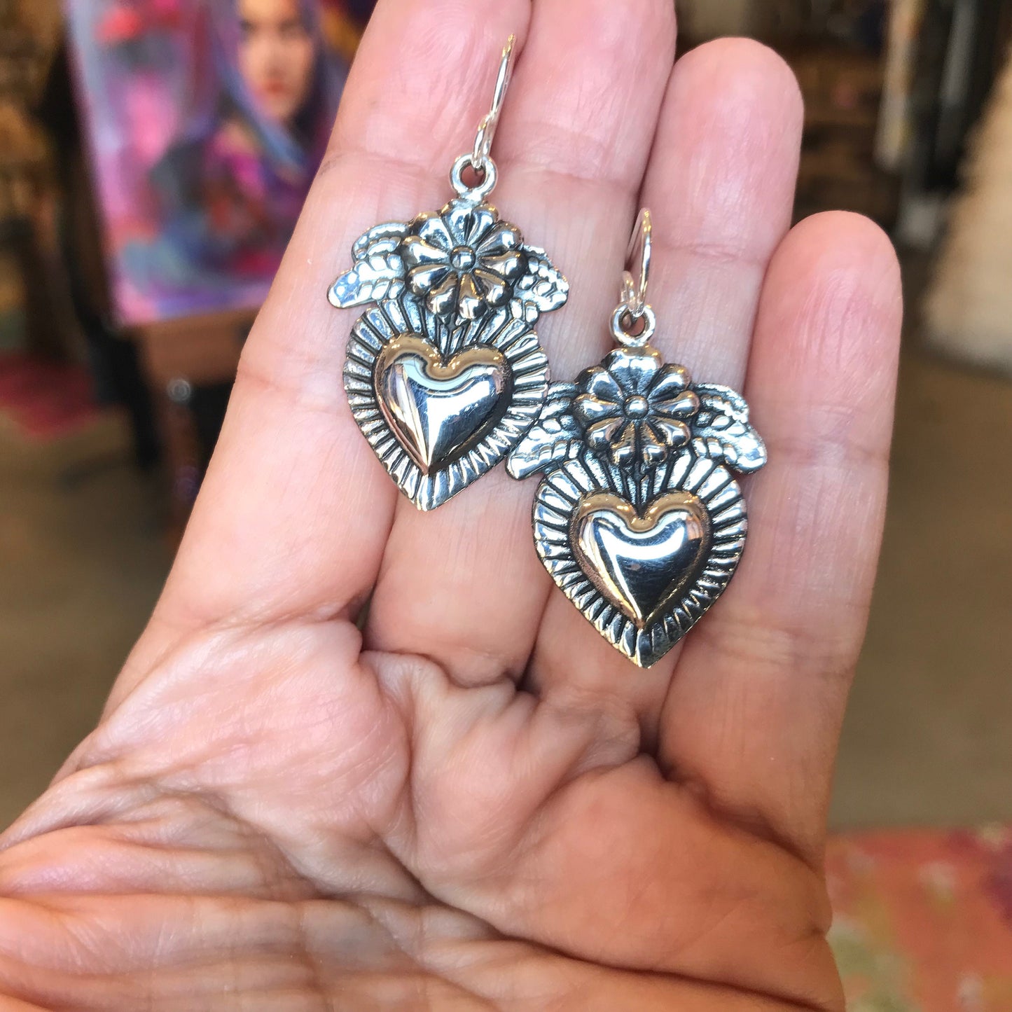 Sterling Silver Sacred heart Etnika dangle  earrings