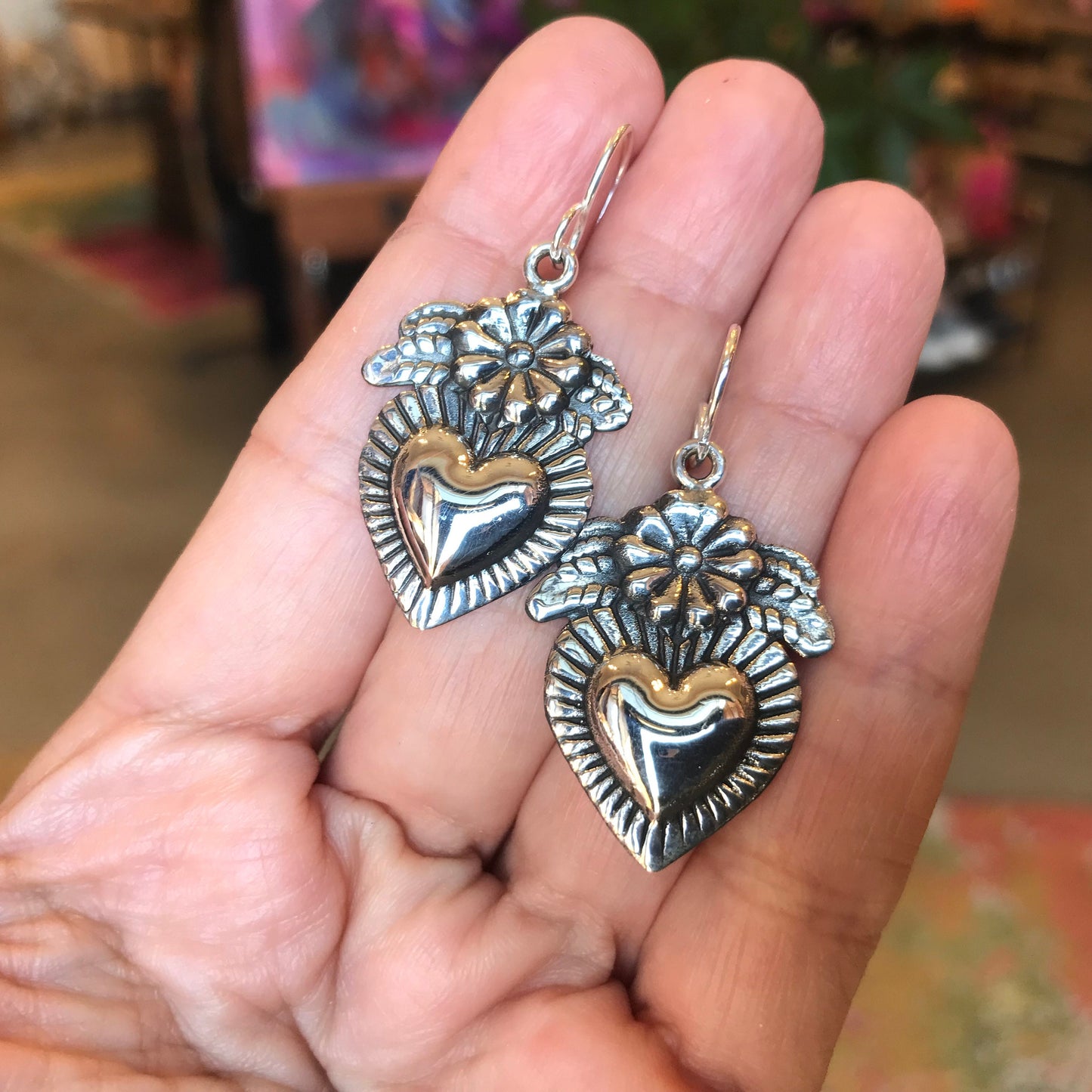 Sterling Silver Sacred heart Etnika dangle  earrings