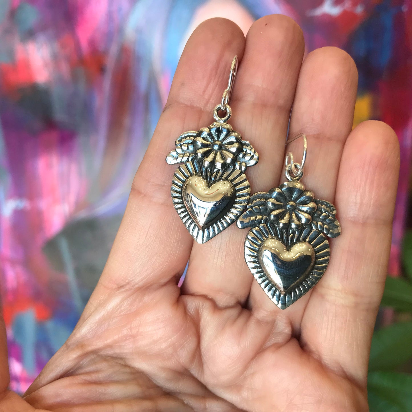 Sterling Silver Sacred heart Etnika dangle  earrings