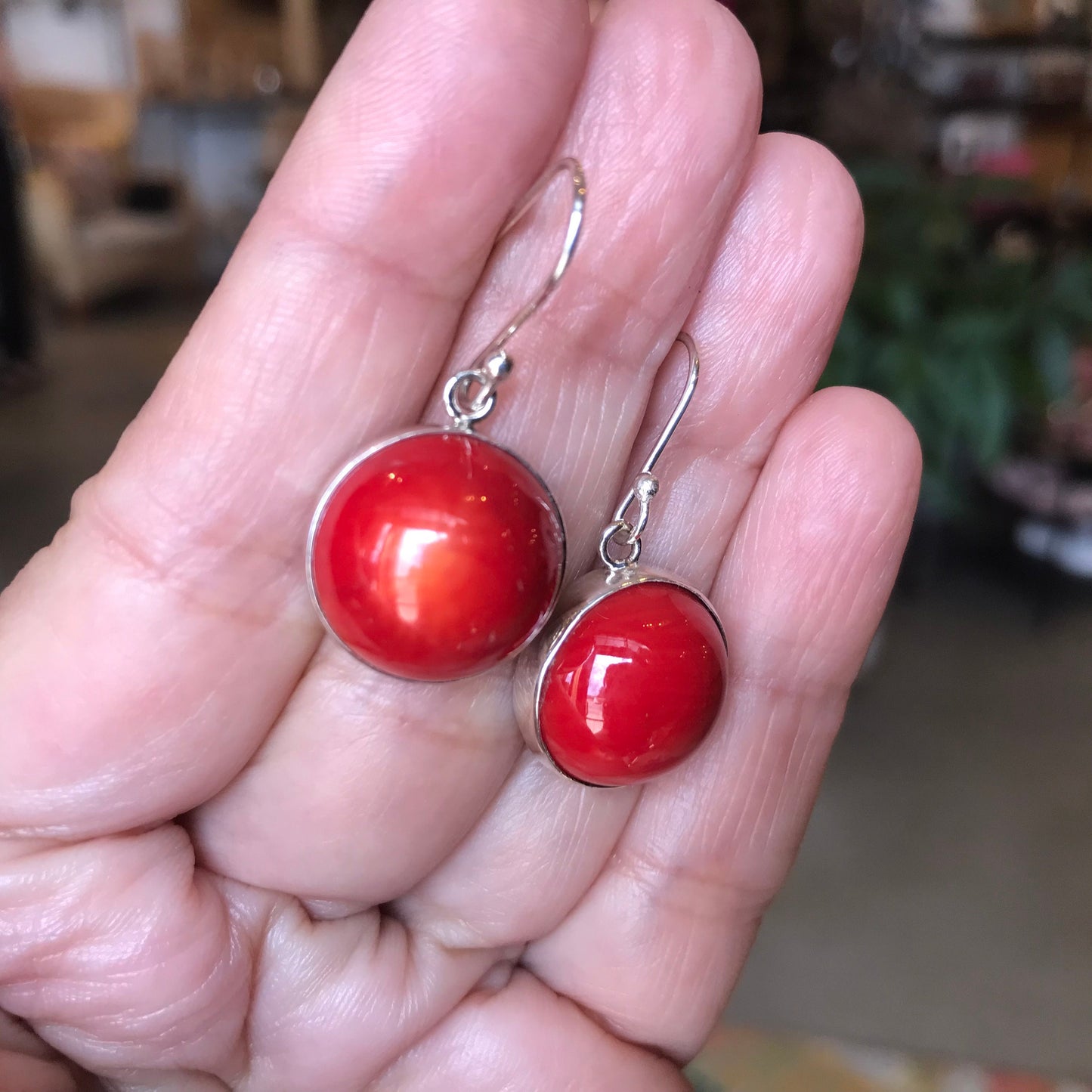 Sterling Silver red coral dangle earrings