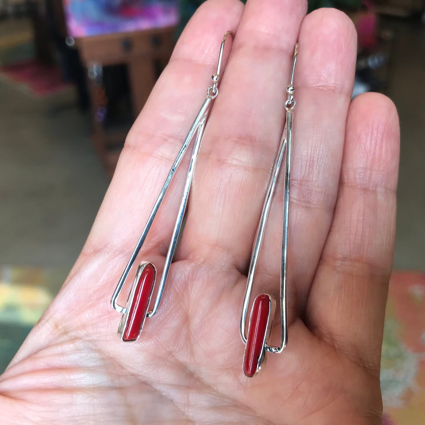 Sterling Silver red coral dangle modernist earrings