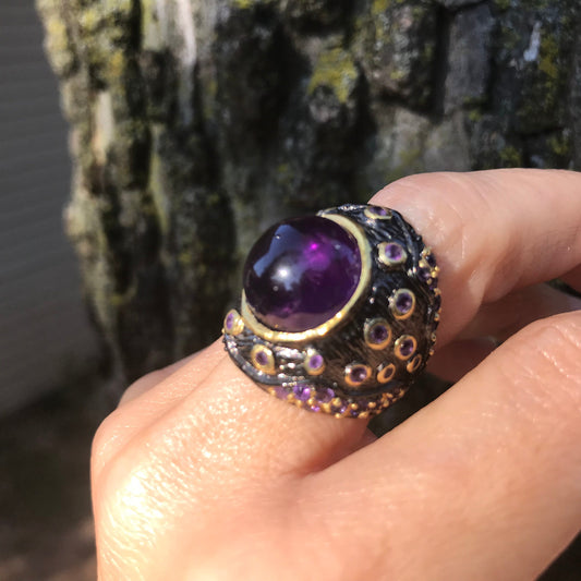 Sterling Silver Fancy Amethyst Band statement ring  6.5
