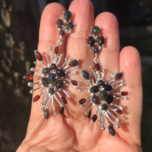 sterling silver Black natural opal garnet starburst earrings