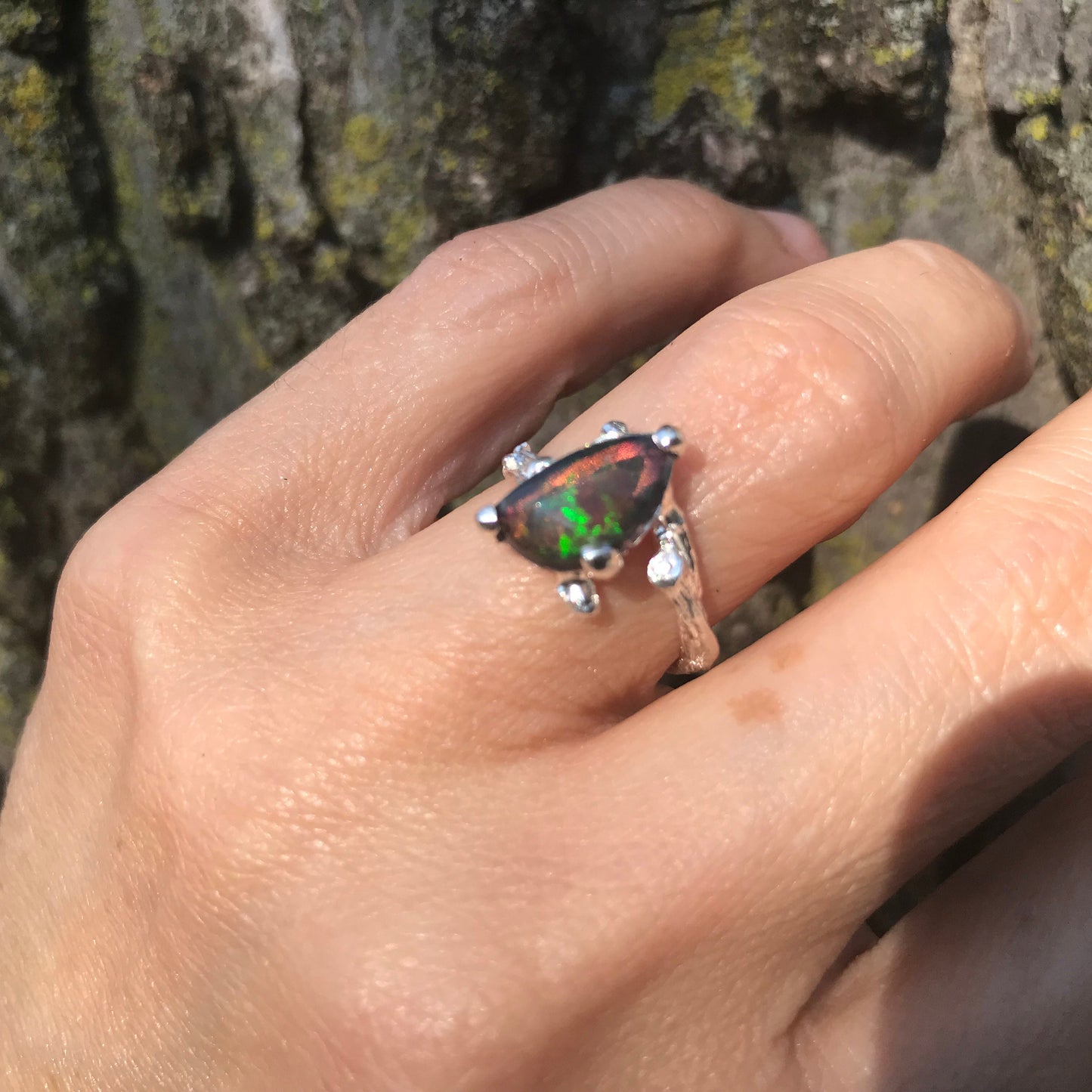 Sterling Silver Natural fire black opal dainty Ring 6