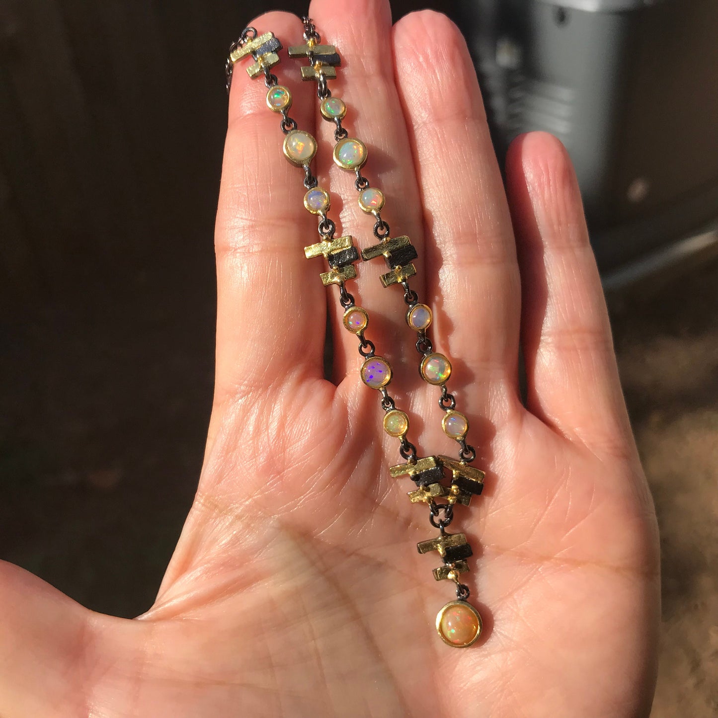 Natural gold Rainbow opal Sterling Silver Necklace