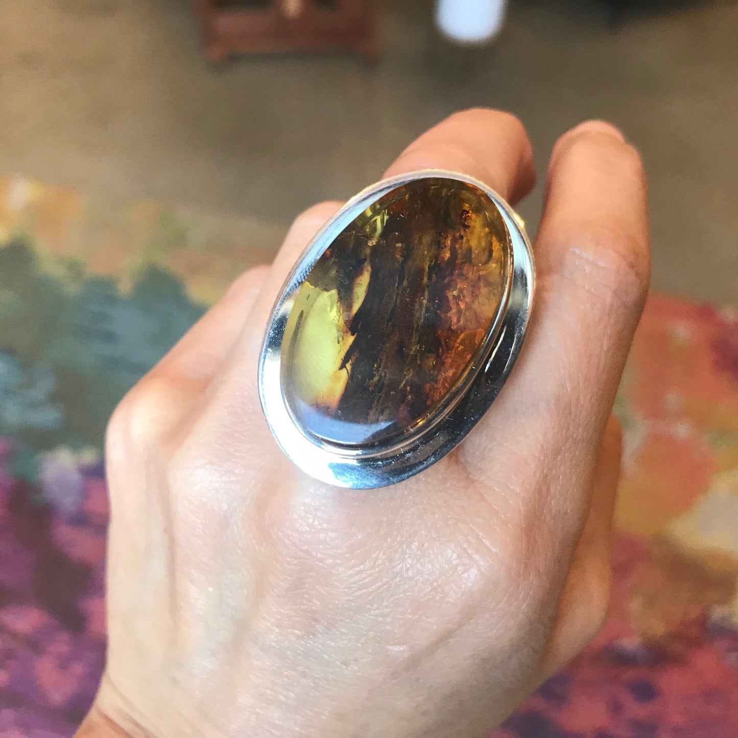 sterling silver modernist OOAK amber Statement ring cuff