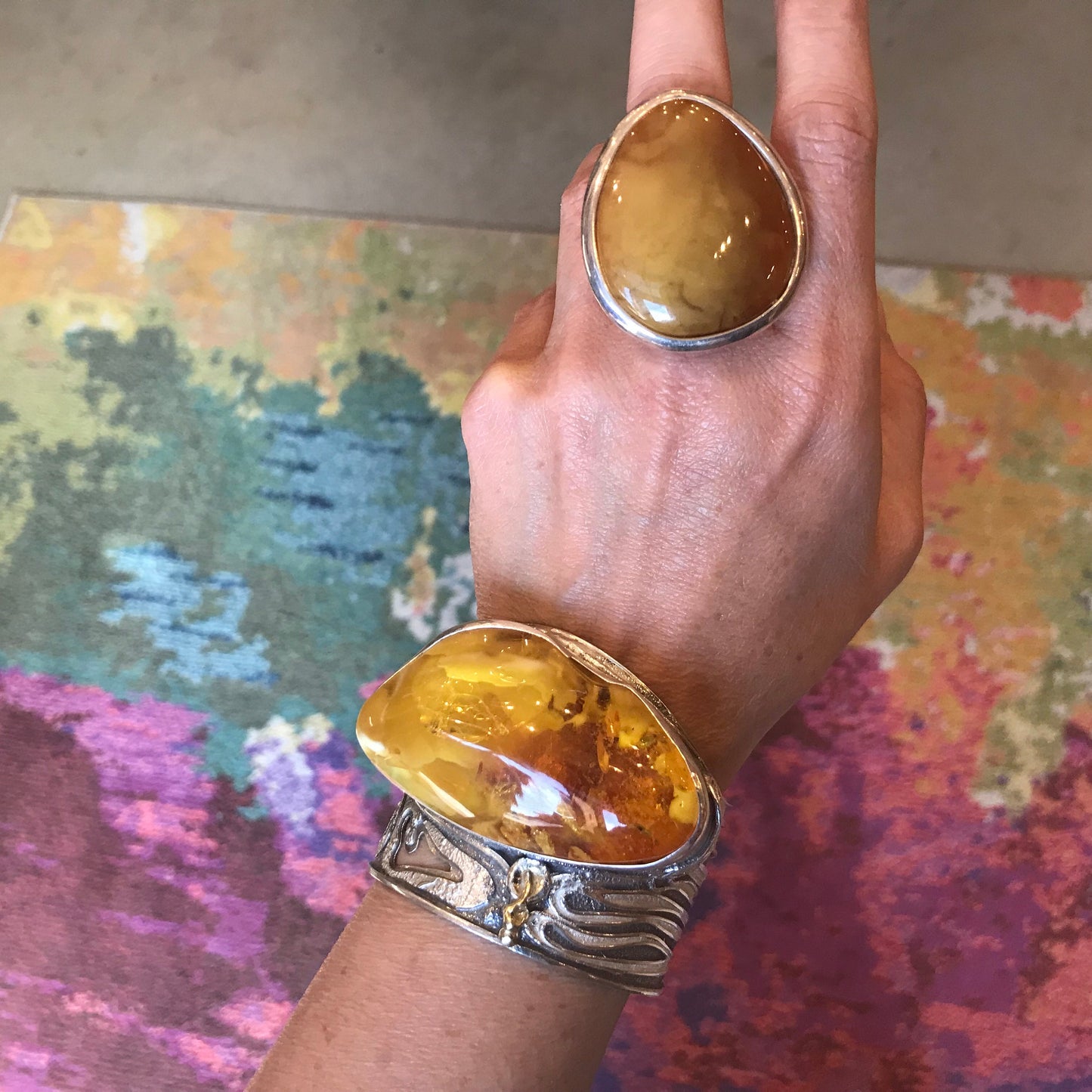 sterling silver massive museum abstract Amber bracelet cuff