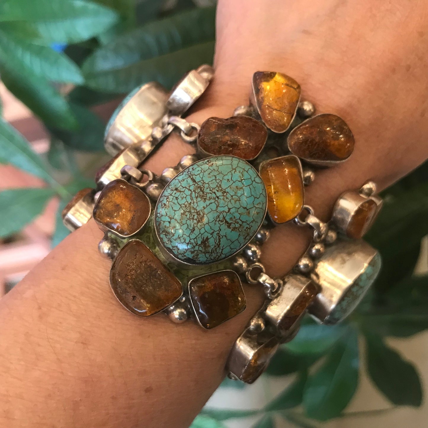 sterling silver turquoise Amber wide bracelet
