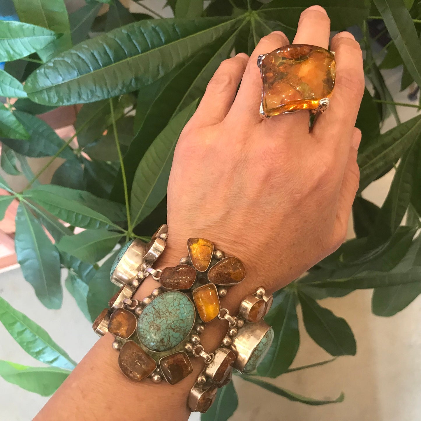 sterling silver turquoise Amber wide bracelet