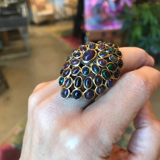 Sterling Silver Black red flash Opal  statement Ring 6.5