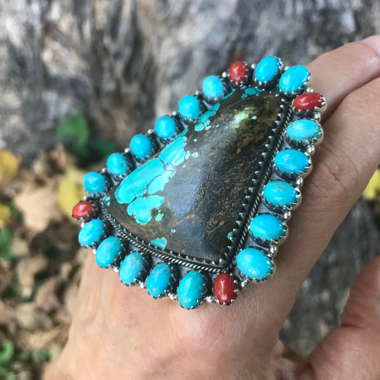 Sterling silver Statement coral huge turquoise ring