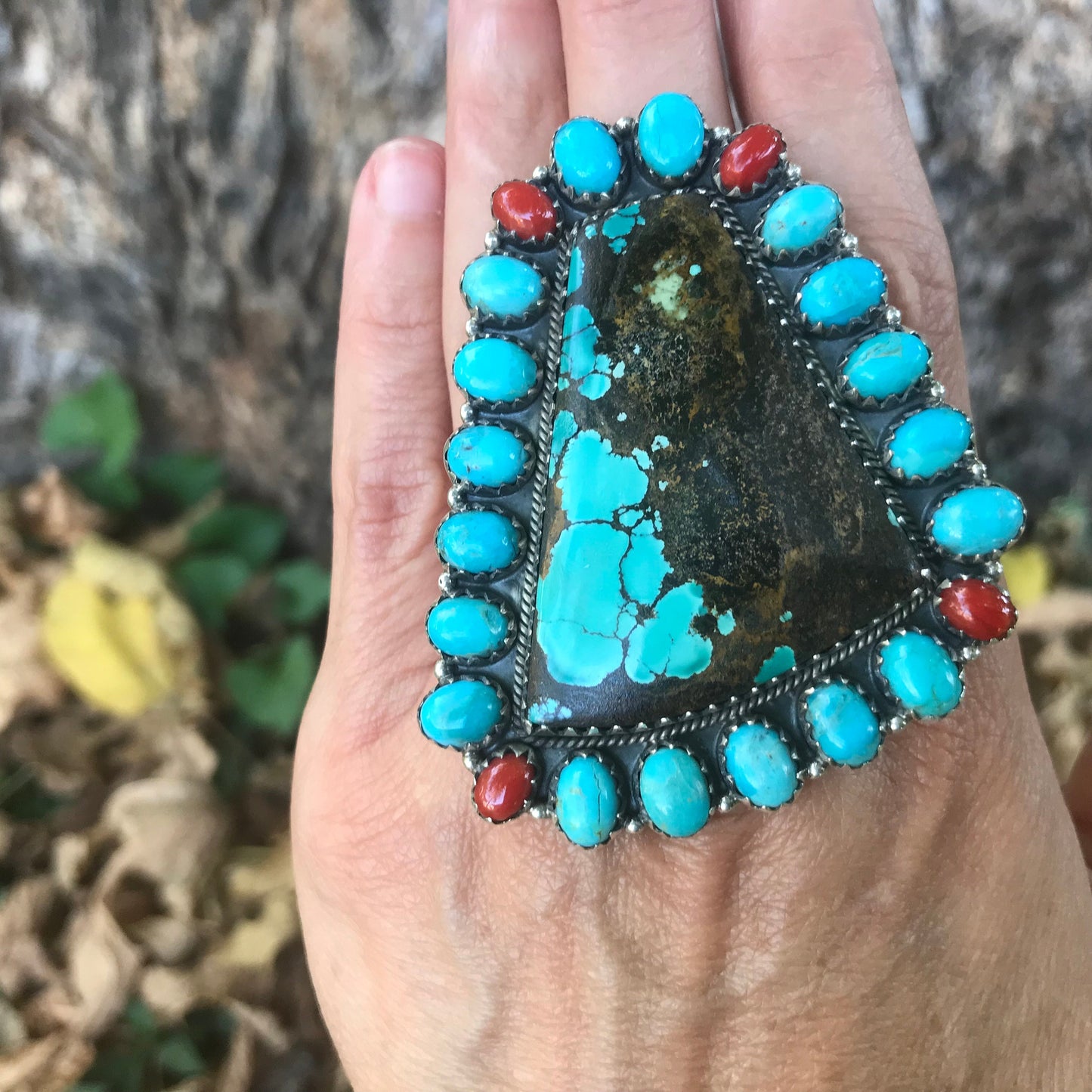 Sterling silver Statement coral huge turquoise ring