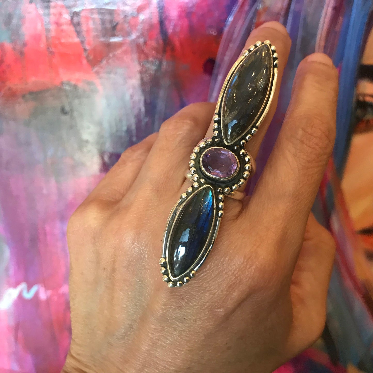 Sterling Silver labradorite amethyst Ring 6