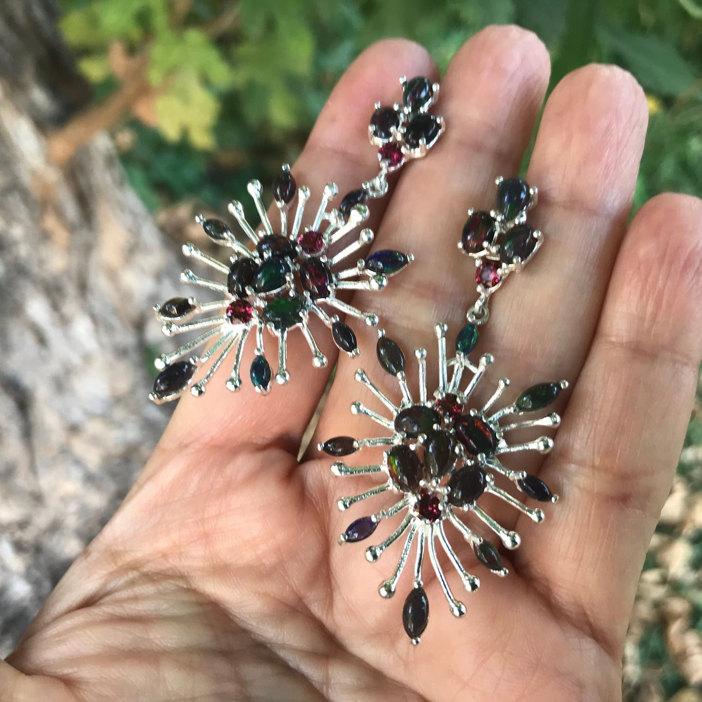 sterling silver Black natural opal rhodolite starburst earrings