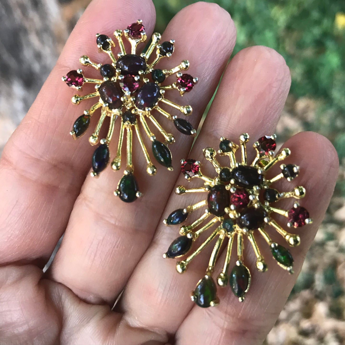 sterling silver Black opal rhodolite starburst gold post earrings