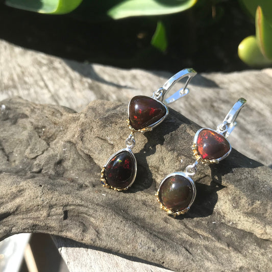 Sterling Silver red Natural Fire opal sapphire earrings