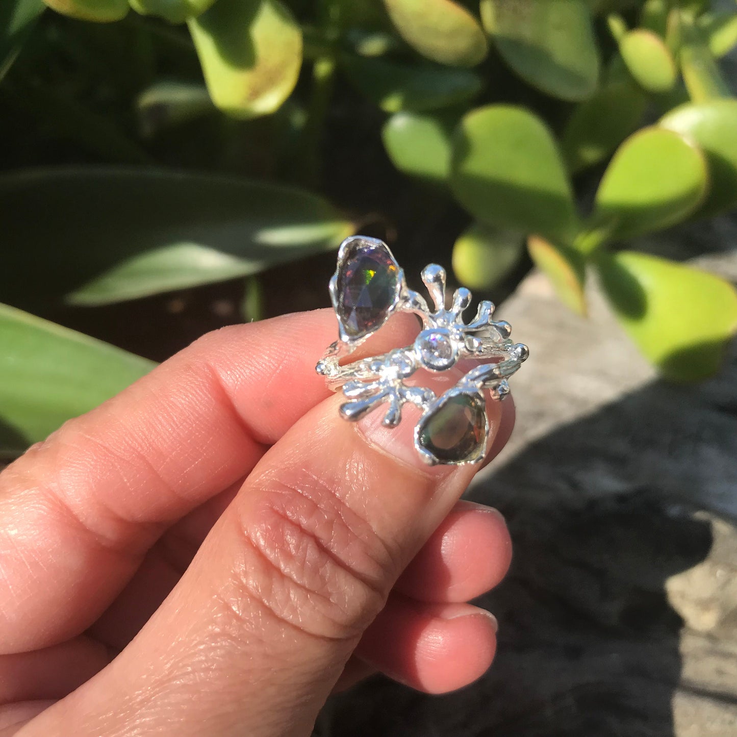 Sterling Silver black Natural Opal coral reef ring 6