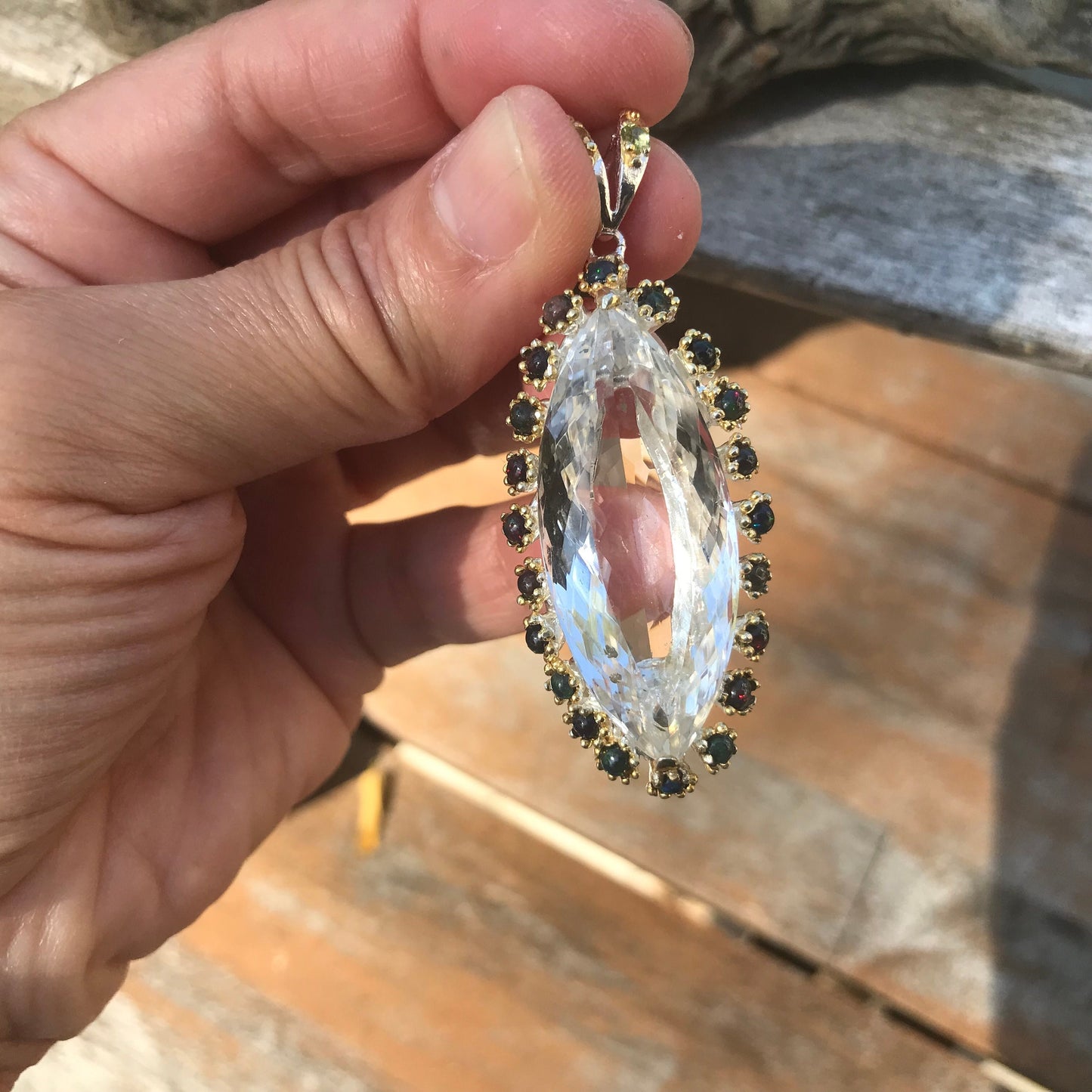 Sterling Silver marquis cut Natural quartz black fire opal Pendant