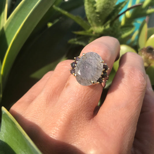 sterling silver rutilated quartz black opal ring 6.5