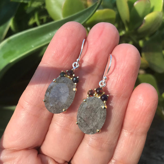 sterling silver statement rutilated quartz black opal earrings