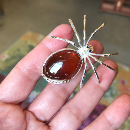 Sterling Silver red hessonite  spider Brooch Pin