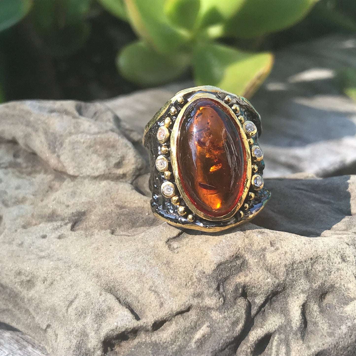 Sterling silver  Natural Amber band Ring 7