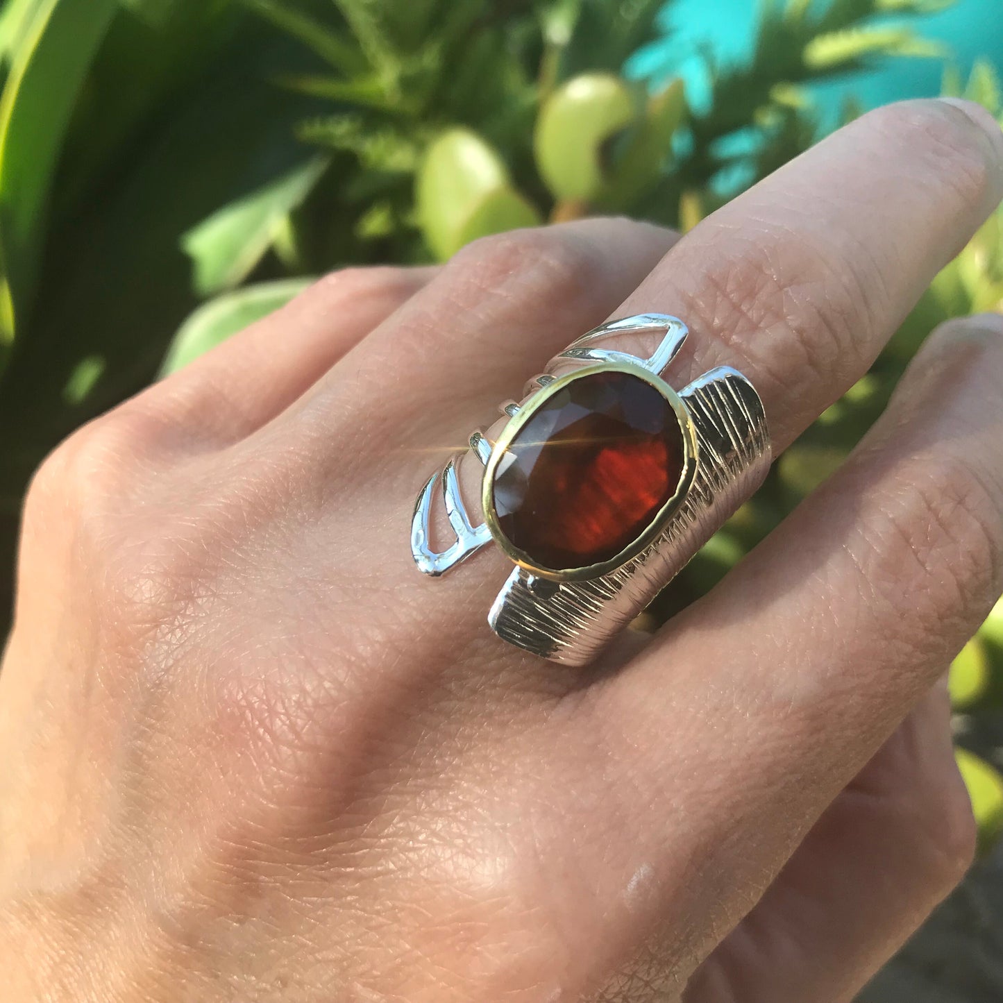 Sterling silver red hessonite wide band ring 7.5