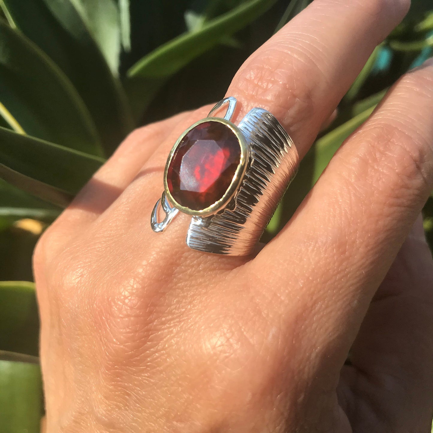 Sterling silver red hessonite wide band ring 7.5