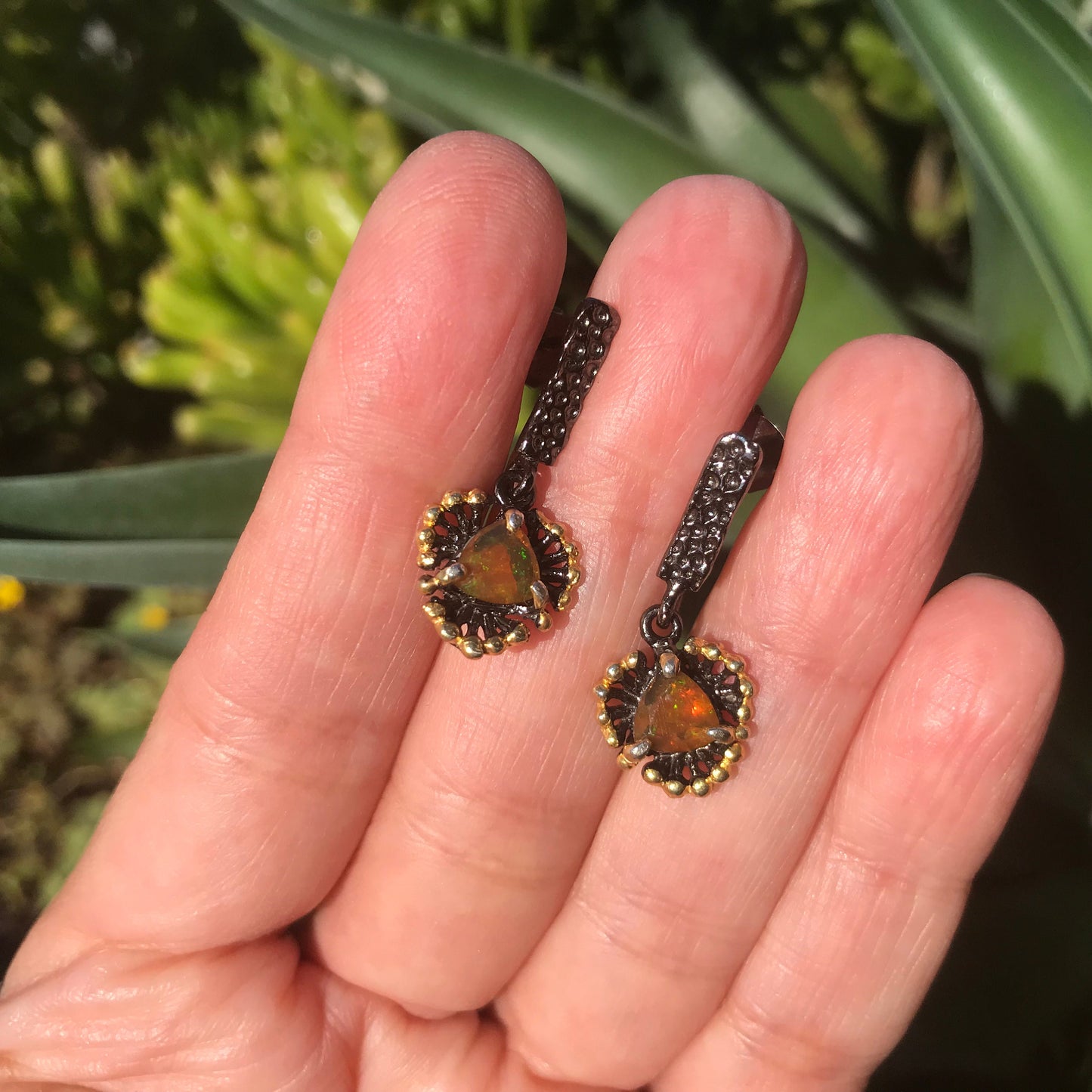 sterling silver orange fire Opal dangle earrings