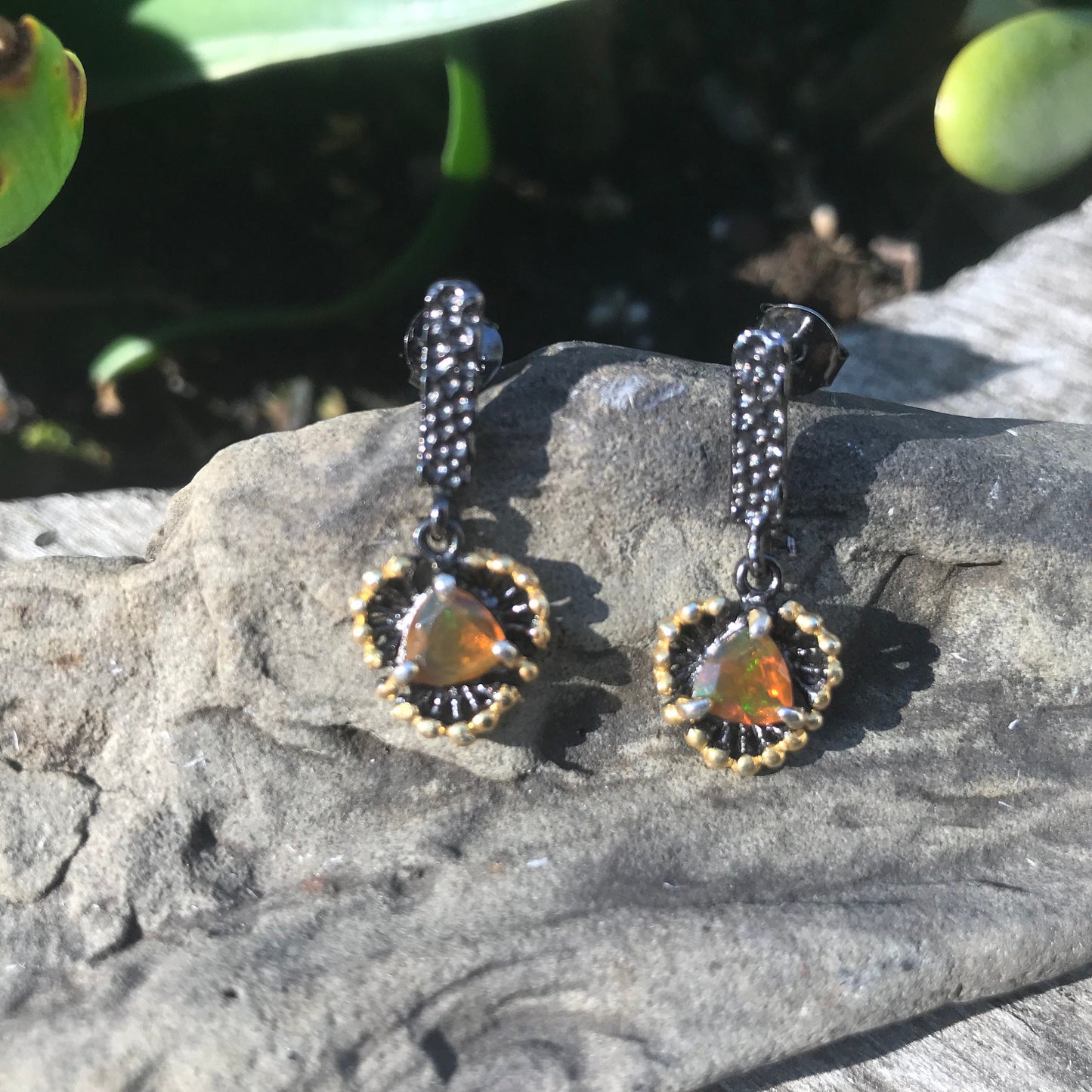 sterling silver orange fire Opal dangle earrings