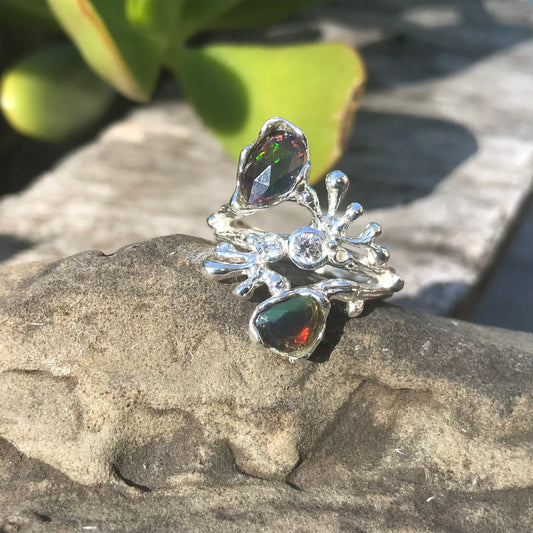 Sterling Silver black Natural Opal coral reef ring 7.5