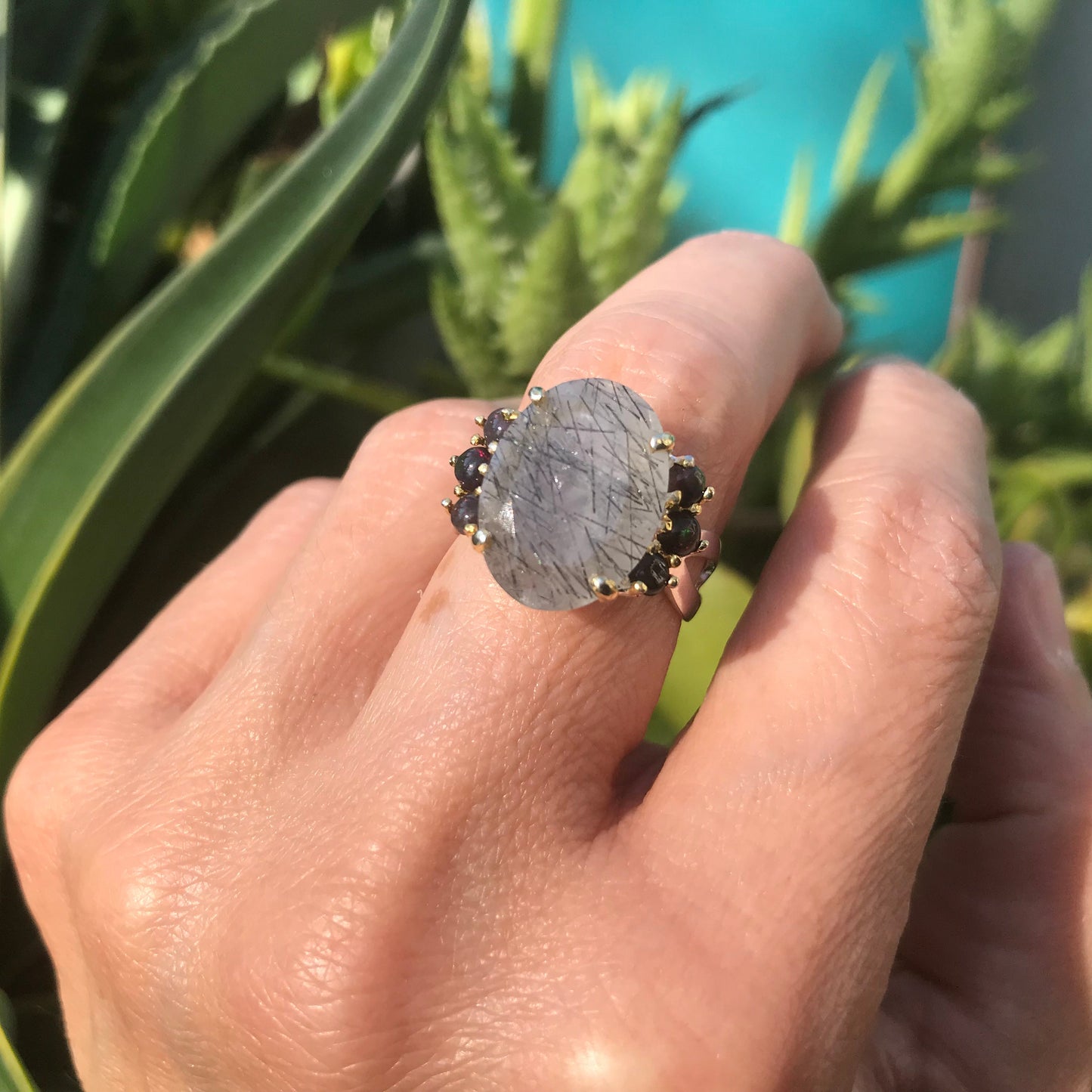 sterling silver rutilated quartz black opal ring 6.5