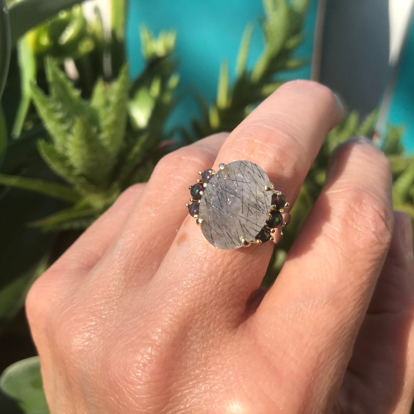 sterling silver rutilated quartz black opal ring 6.5