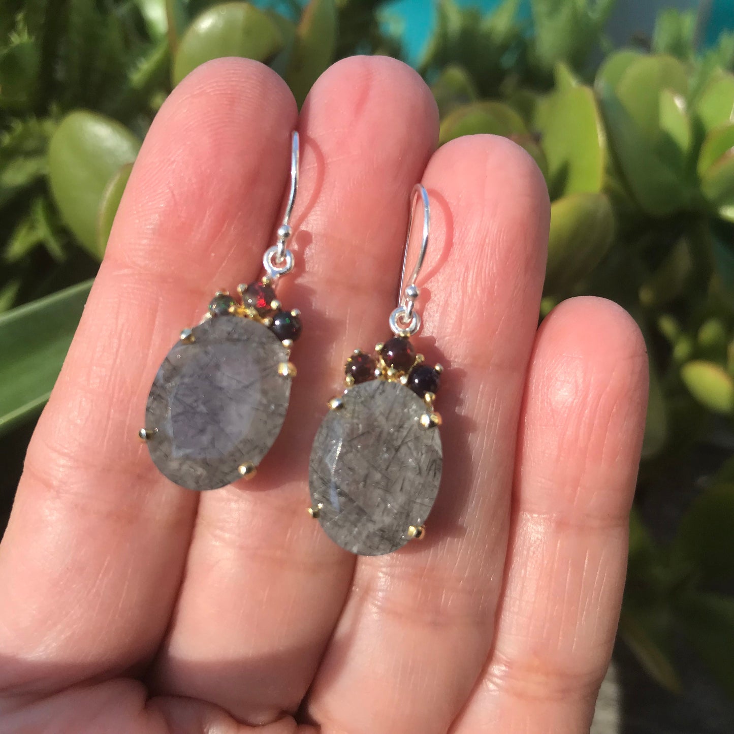 sterling silver statement rutilated quartz black opal earrings
