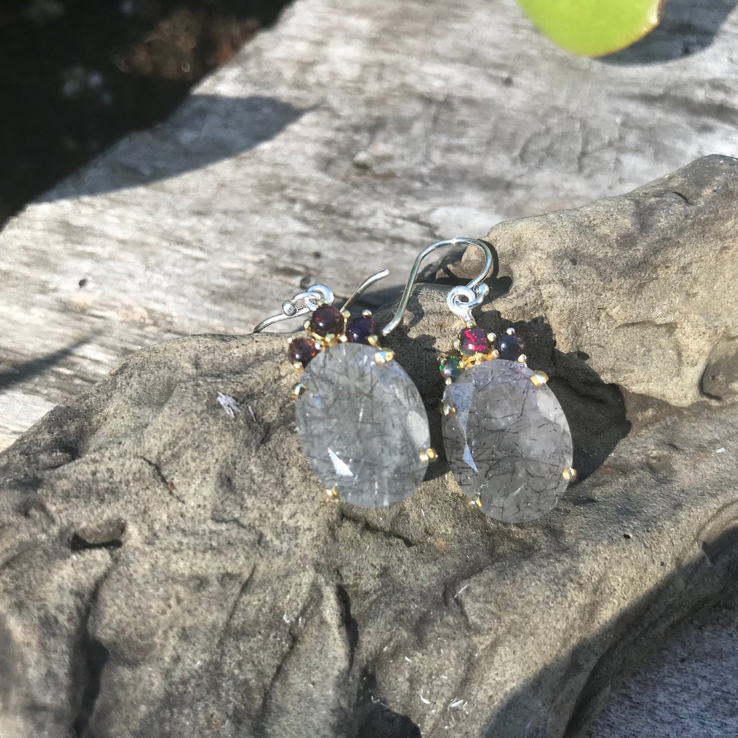 sterling silver statement rutilated quartz black opal earrings