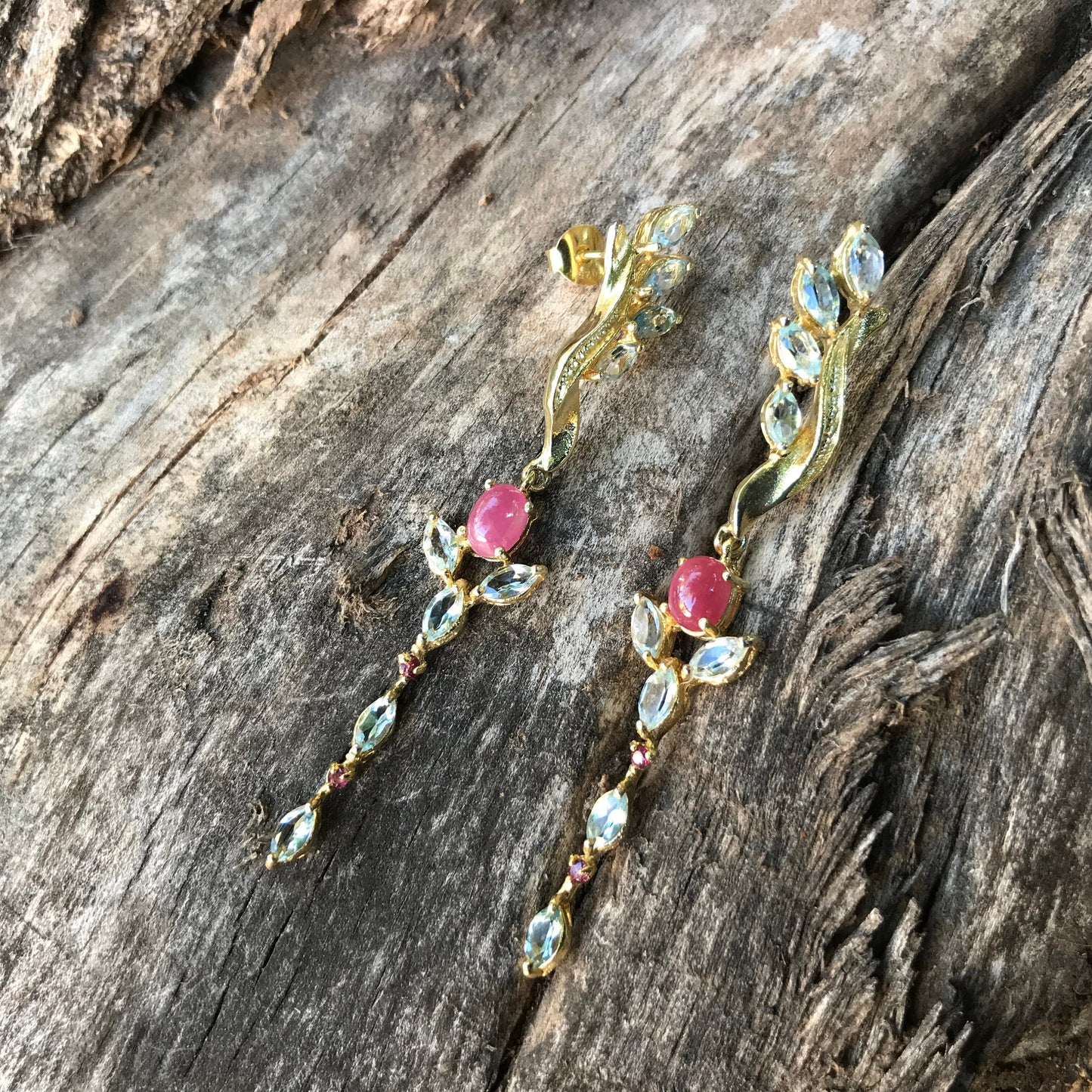 Sterling Silver ruby blue topaz long dangle earrings