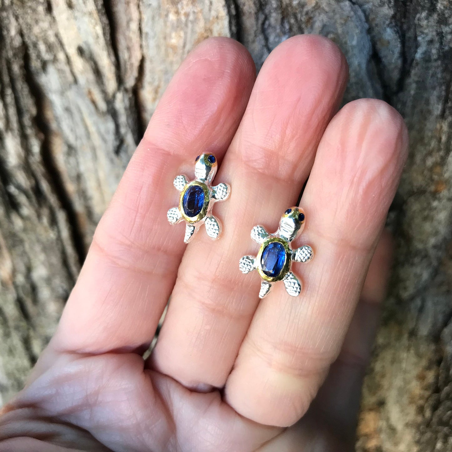 Sterling silver blue kyanite stud Earrings Turtle