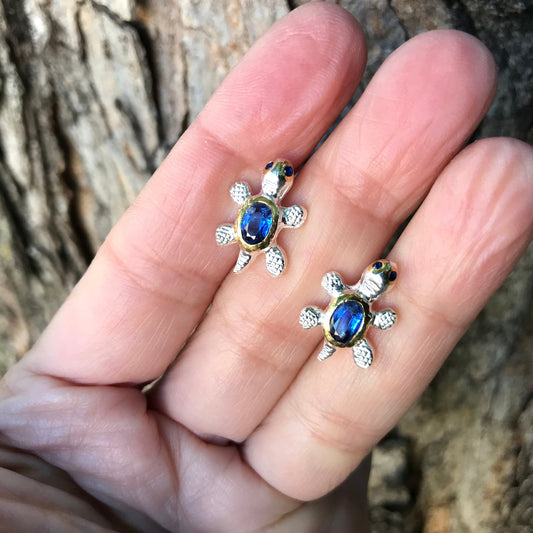 Sterling silver blue kyanite stud Earrings Turtle