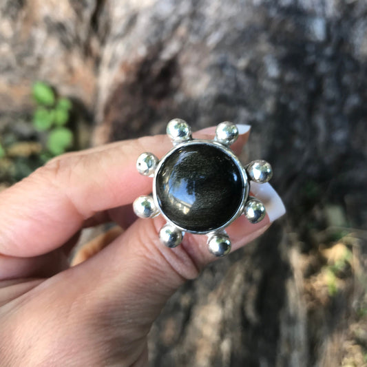 Sterling Statement black obsidian sunburst adjustable ring